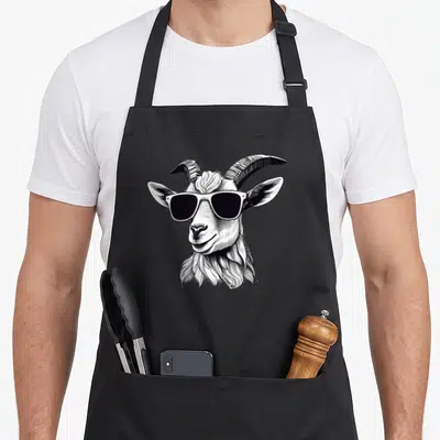 Tablier de cuisine noir avec tête de chèvre portant des lunettes de soleil et une expression souriante.