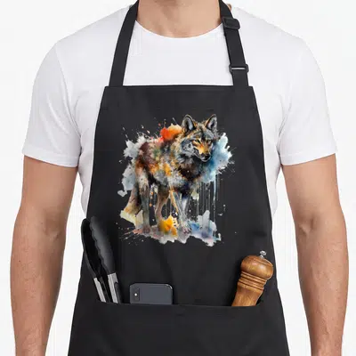 Tablier de cuisine noir avec illustration artistique d'un loup aux couleurs vives et effet aquarelle.
