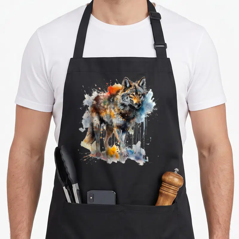 Tablier de cuisine noir avec illustration artistique d'un loup aux couleurs vives et effet aquarelle.