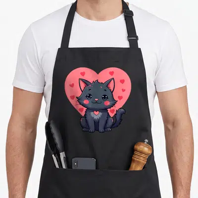 Tablier de cuisine noir avec illustration d'un chat gris mignon devant un grand cœur rose parsemé de petits cœurs rouges.
