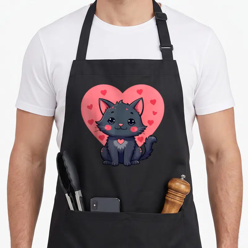 Tablier de cuisine noir avec illustration d'un chat gris mignon devant un grand cœur rose parsemé de petits cœurs rouges.