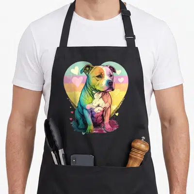 Tablier de cuisine noir avec illustration d'un staffie aux couleurs arc-en-ciel assis devant un grand cœur pastel.