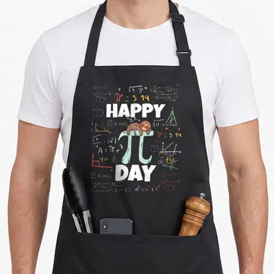 Tablier de cuisine noir avec motif Happy Pi Day, un paresseux sur le symbole Pi et des formules mathématiques colorées.