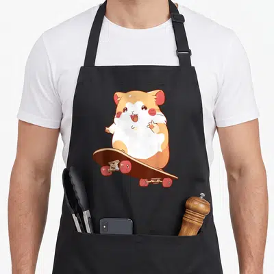 Tablier de cuisine noir avec hamster marron et blanc sur skateboard aux roues roses, style dessin animé mignon.