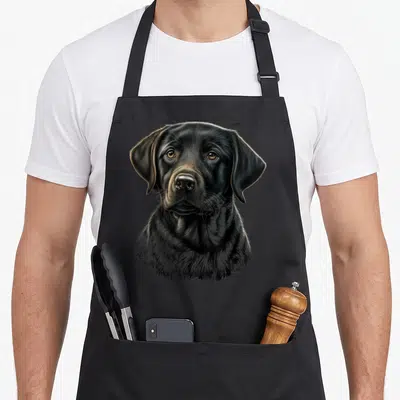 Tablier de cuisine noir avec portrait réaliste et détaillé d'un labrador noir regardant droit devant