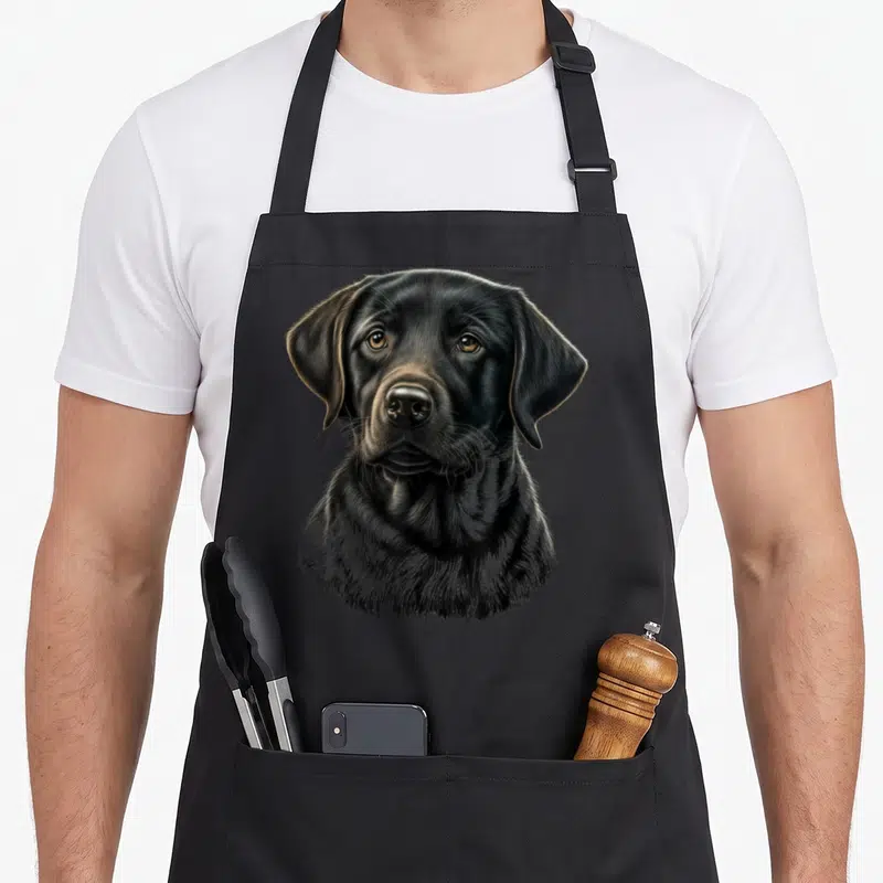 Tablier de cuisine noir avec portrait réaliste et détaillé d'un labrador noir regardant droit devant