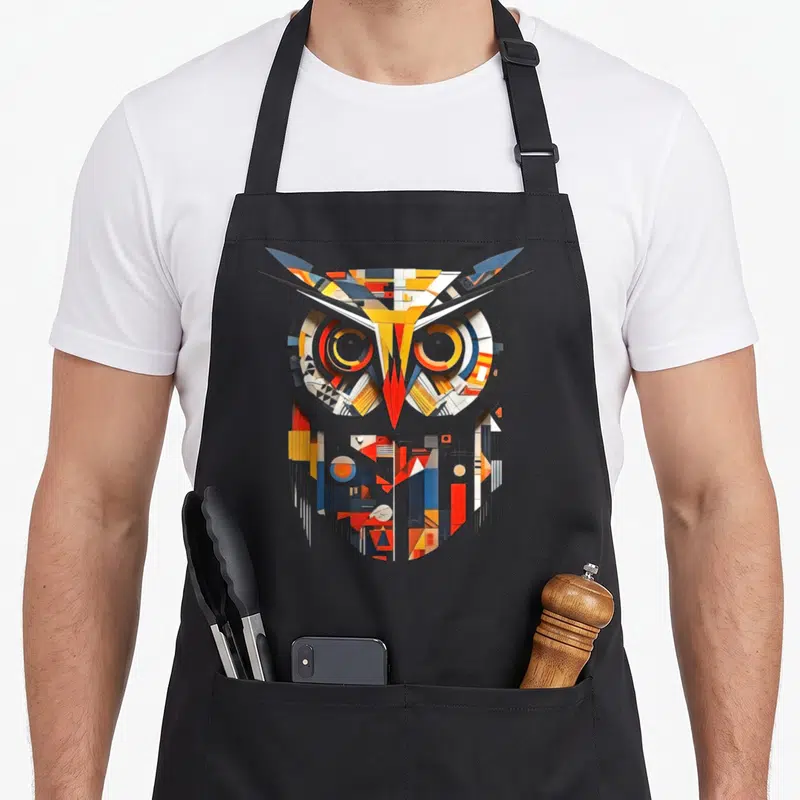 Tablier de cuisine noir avec un hibou stylisé aux formes géométriques multicolores et au regard intense.