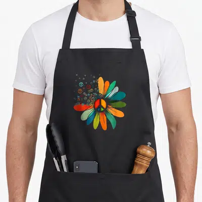 Tablier de cuisine noir avec une fleur peace multicolore et des symboles de paix dispersés.