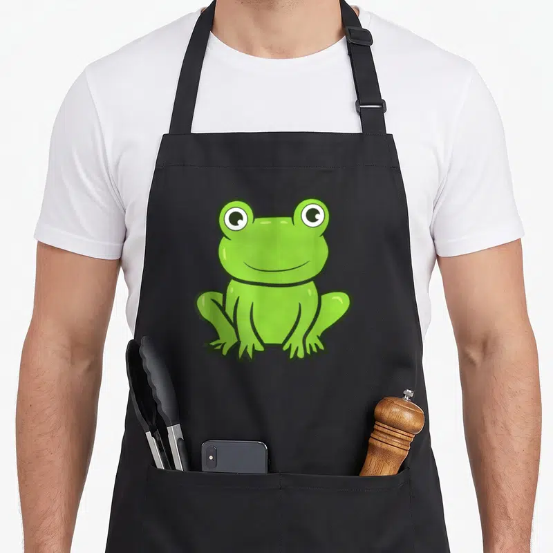 Tablier de cuisine noir avec une illustration colorée d'une mignonne grenouille verte assise et souriante.