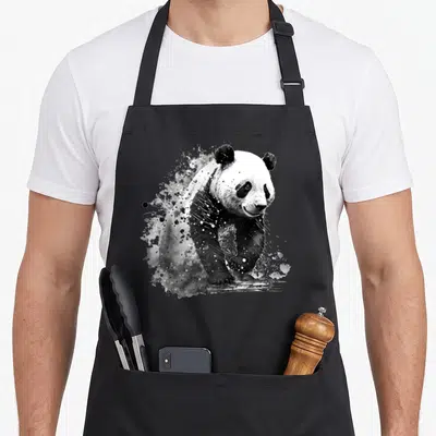 Tablier de cuisine noir avec illustration artistique d'un panda en aquarelle noire et blanche entouré d'éclaboussures dynamiques.