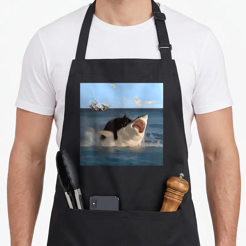 Tablier de cuisine noir avec illustration d'un chat noir chevauchant un requin en mer.