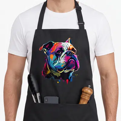 Tablier de cuisine noir avec illustration artistique multicolore d'un visage de bouledogue anglais au style peinture abstraite.
