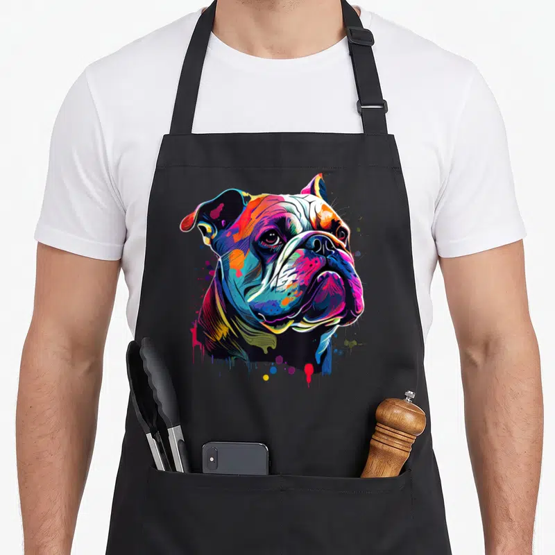 Tablier de cuisine noir avec illustration artistique multicolore d'un visage de bouledogue anglais au style peinture abstraite.
