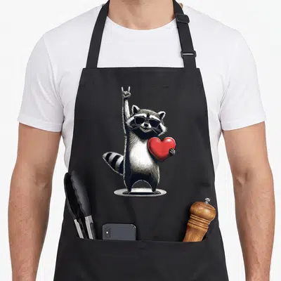 Tablier de cuisine noir avec illustration d'un raton laveur rock tenant un cœur rouge et levant une main en signe de rock.