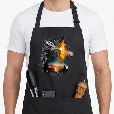 Tablier de cuisine noir avec illustration artistique d'un loup fusionnant avec un paysage de montagnes et un lac reflétant le soleil.