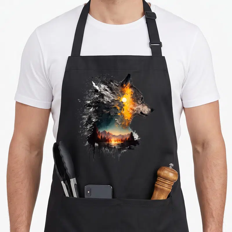 Tablier de cuisine noir avec illustration artistique d'un loup fusionnant avec un paysage de montagnes et un lac reflétant le soleil.