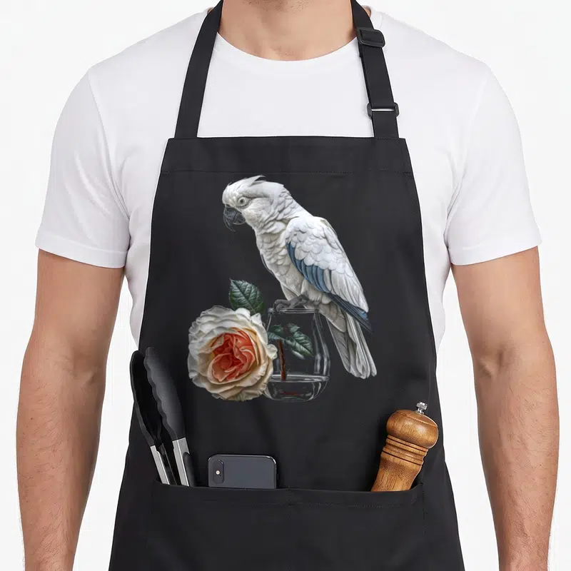 Tablier de cuisine noir avec un perroquet blanc et une fleur rose dans un vase en verre.