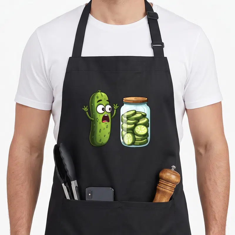 Tablier de cuisine noir avec cornichon vert effrayé levant les bras devant une jarre de concombres en tranches.