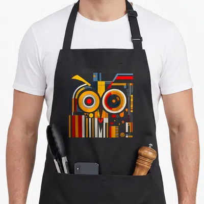Tablier de cuisine noir avec un hibou abstrait composé de cercles et de bandes multicolores.