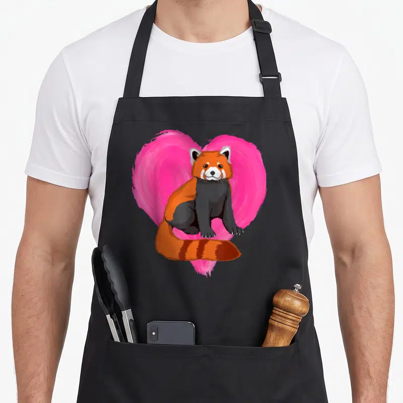 Tablier de cuisine noir avec illustration d'un panda roux assis devant un cœur rose vif.