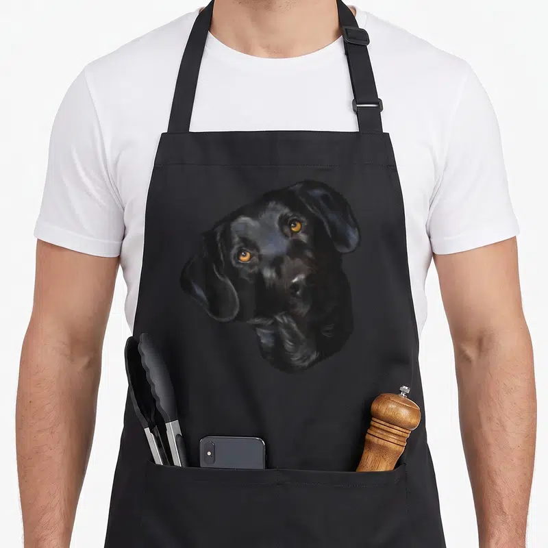 Tablier de cuisine noir avec portrait réaliste de tête de labrador retriever aux yeux dorés.