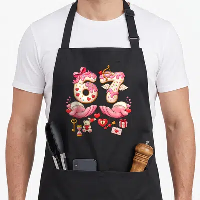 Tablier de cuisine noir avec les chiffres 67 en donut rose, cœurs, ours en peluche et enveloppe amoureuse.