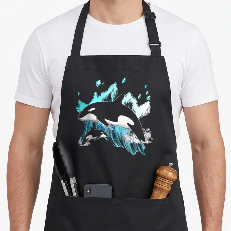 Tablier de cuisine noir avec une illustration d'orques sautant dans des vagues bleues et blanches.