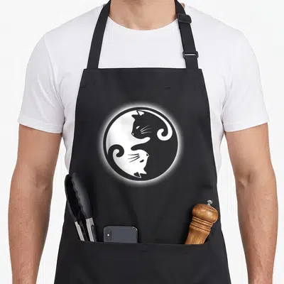 Tablier de cuisine noir avec un motif circulaire montrant deux chats Yin Yang en noir et blanc se regardant face à face.