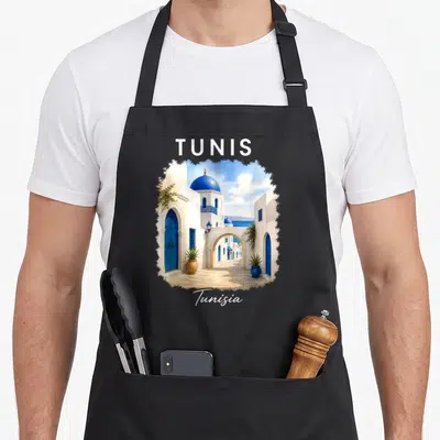 Tablier de cuisine noir avec illustration des ruelles bleues et blanches de Tunis en Tunisie.