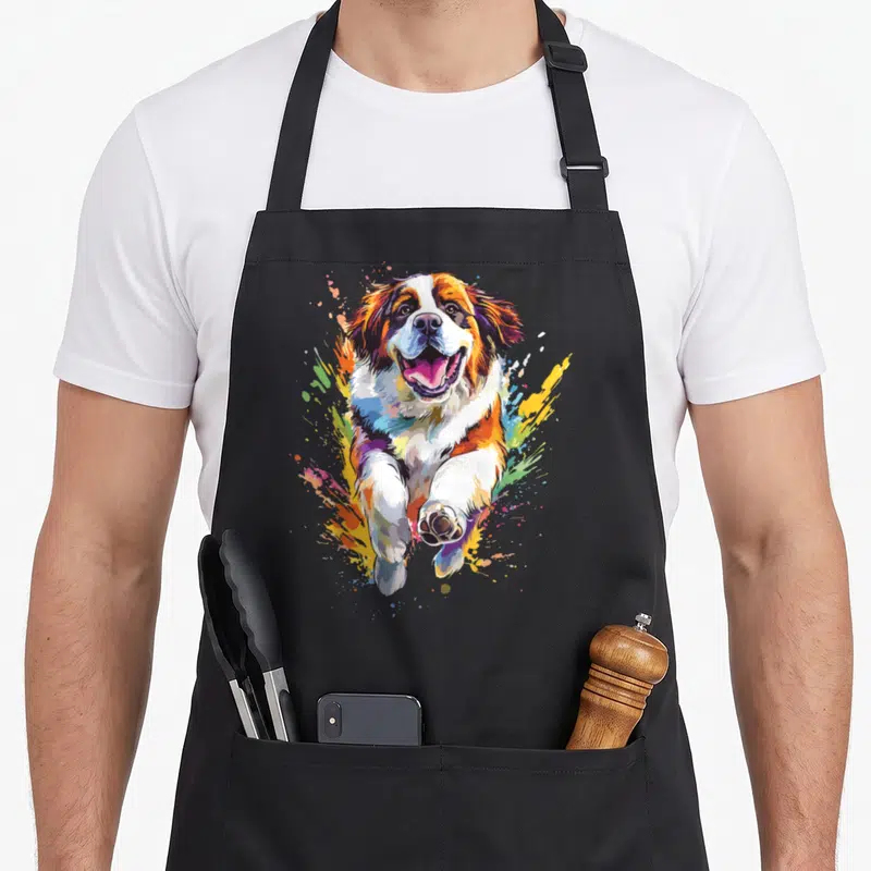 Tablier de cuisine noir avec illustration d'un Saint-Bernard bondissant entouré d'éclats de peinture colorés.
