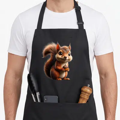 Tablier de cuisine noir avec illustration d'un écureuil brun tenant un gland dans ses pattes.