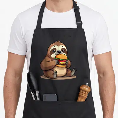 Tablier de cuisine noir avec un paresseux cartoon tenant un hamburger coloré et souriant doucement.