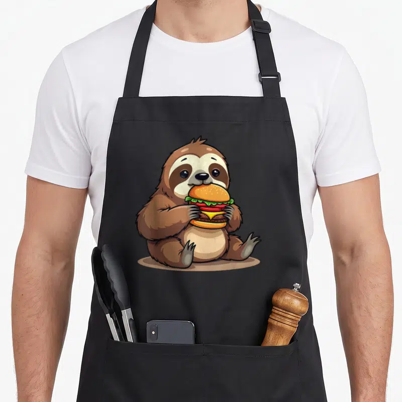 Tablier de cuisine noir avec un paresseux cartoon tenant un hamburger coloré et souriant doucement.
