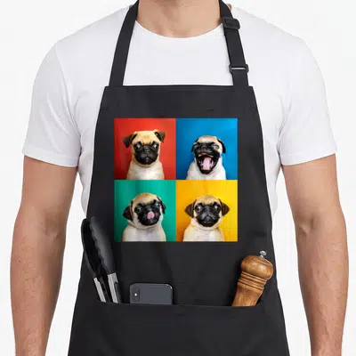 Tablier de cuisine noir avec quatre portraits colorés d'un chiot carlin sur fonds rouge, bleu, vert et jaune.
