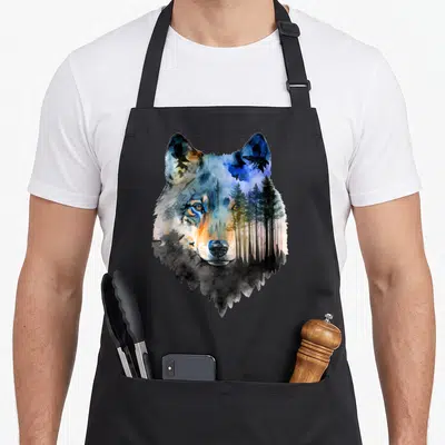Tablier de cuisine noir avec tête de loup aquarelle double exposition forêt et oiseau bleu