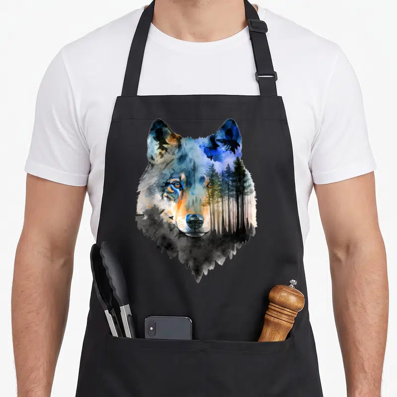 Tablier de cuisine noir avec tête de loup aquarelle double exposition forêt et oiseau bleu