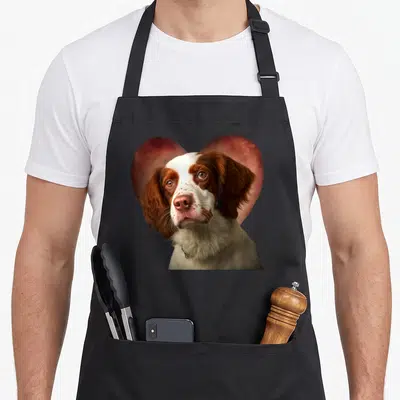 Tablier de cuisine noir avec portrait réaliste d'un Epagneul Breton devant un cœur rouge vif.