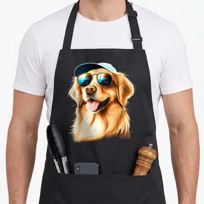 Tablier de cuisine noir avec un golden retriever portant une casquette et des lunettes de soleil bleues.