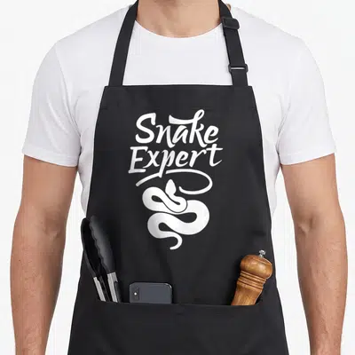 Tablier de cuisine noir avec inscription Snake Expert et dessin stylisé d'un serpent blanc enroulé sous le texte.