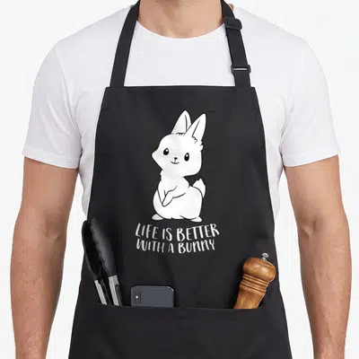 Tablier de cuisine noir avec illustration d'un petit lapin blanc souriant et une phrase en anglais sous le dessin.