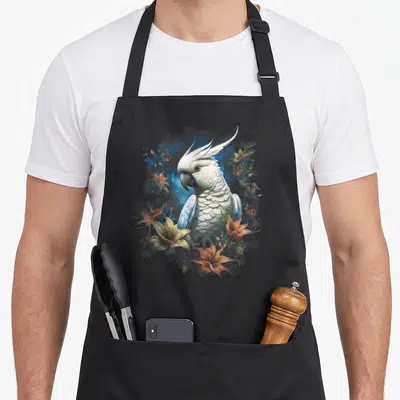 Tablier de cuisine noir avec illustration d'un cacatoès blanc et de fleurs colorées.