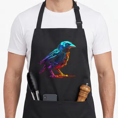 Tablier de cuisine noir avec illustration d'un robot fantastique oiseau aux couleurs vives et au style numérique géométrique.