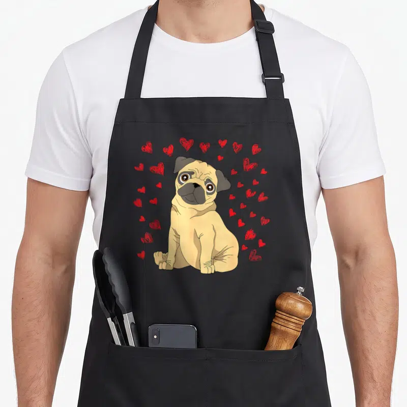 Tablier de cuisine noir avec un carlin beige assis entouré de cœurs rouges dessinés à la main