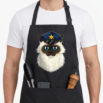 Tablier de cuisine noir avec illustration d'un chat Sacré de Birmanie portant une casquette de policier bleue et dorée.