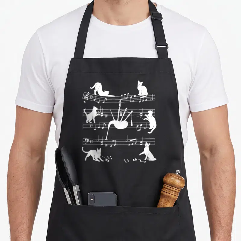 Tablier de cuisine noir avec illustration blanche de chats jouant de la cornemuse sur des notes de musique.