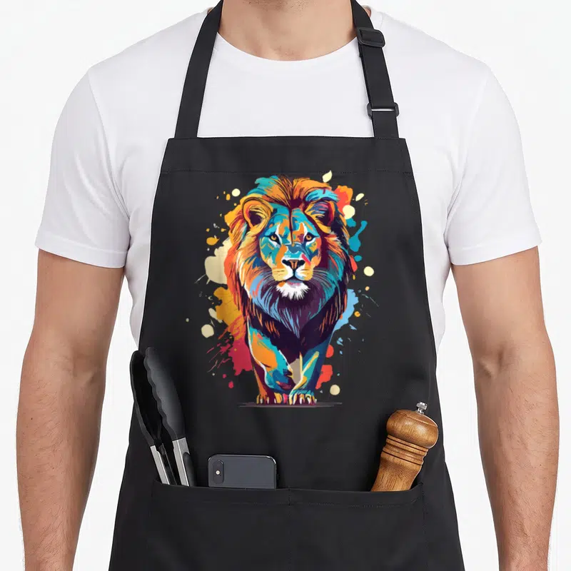 Tablier de cuisine noir avec illustration d'un lion aux couleurs vives et style peinture abstraite.