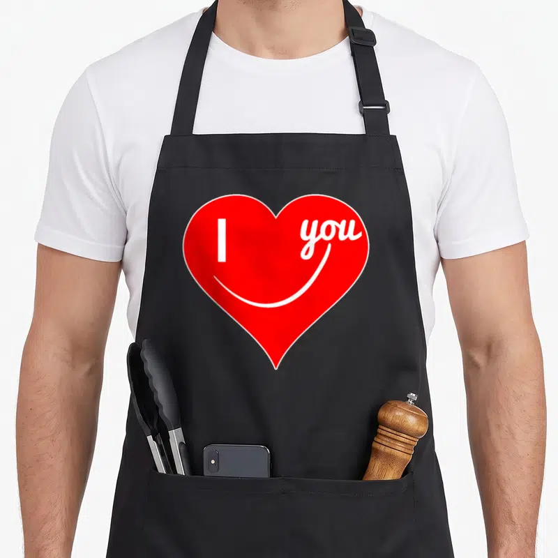 Tablier de cuisine noir avec un grand cœur rouge stylisé portant les mots I you en blanc.
