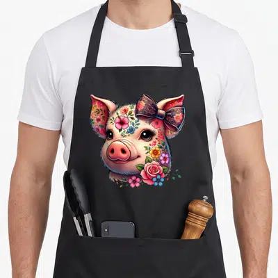Tablier de cuisine noir avec tête de cochon décorée de fleurs colorées et d'un nœud papillon sombre.