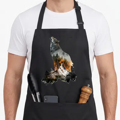 Tablier de cuisine noir avec illustration double exposition d'un loup et de montagnes enneigées aux teintes orangées.