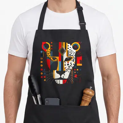 Tablier de cuisine noir avec tête de léopard abstraite aux formes géométriques rouges, jaunes et bleues.
